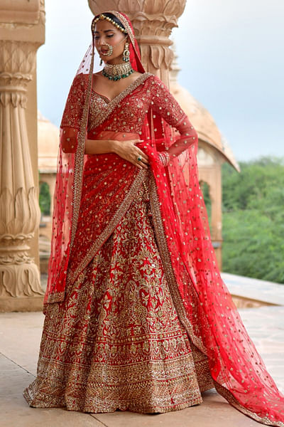 Red zardozi embroidered lehenga set