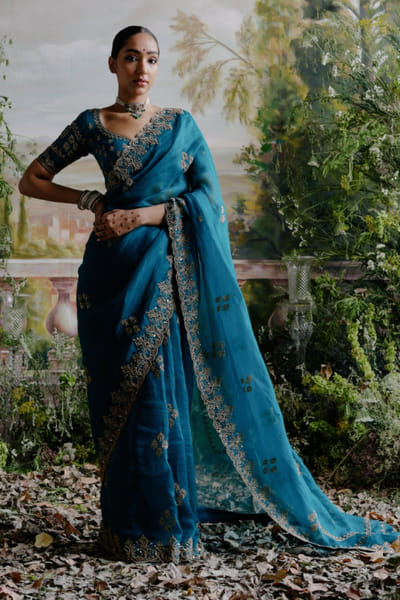Jigar Mali Teal green dori embroidered sari set JIGMAY25D127740