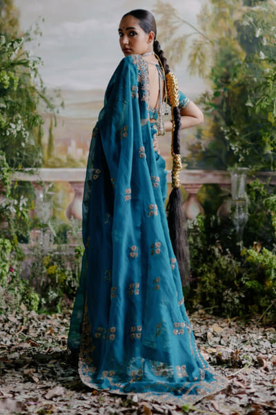 Jigar Mali Teal green dori embroidered sari set JIGMAY25D127740
