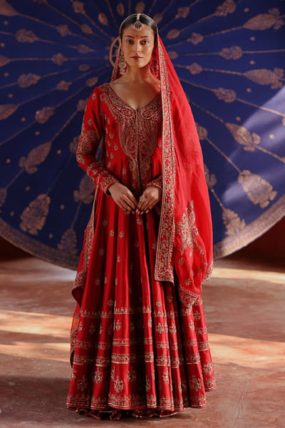 Red dori embroidered jacket lehenga set
