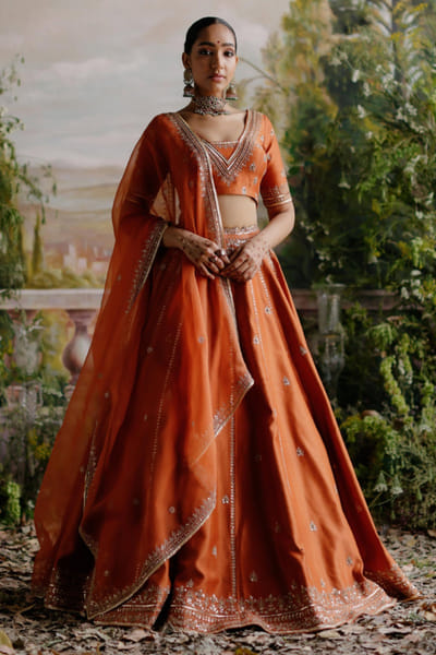 Jigar Mali Rust orange aari embroidered lehenga set JIGMAY25D127755