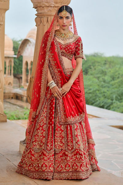 Red embroidered lehenga set