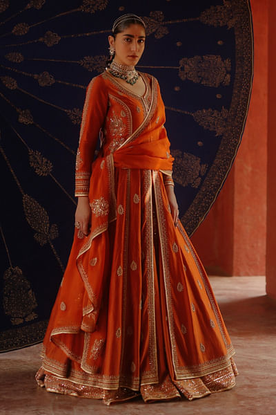 Rust orange dori embroidered lehenga set