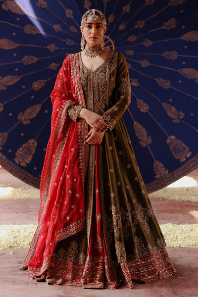 Red embroidered jacket lehenga set