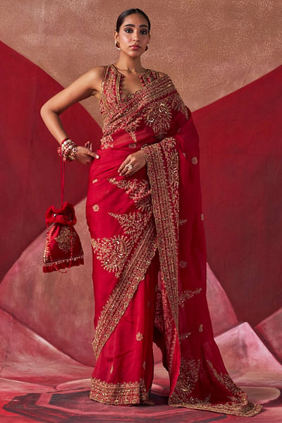 Red aari embroidered sari set