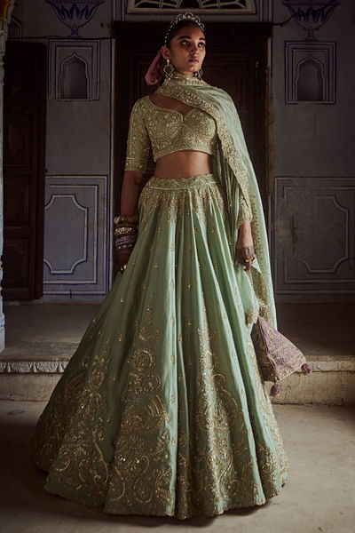 Sage green hand embroidered lehenga set