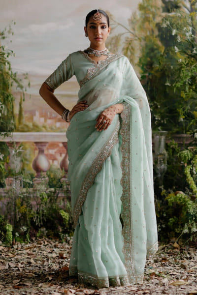 Jigar Mali Sage green dori embroidered sari set JIGMAY25D127743