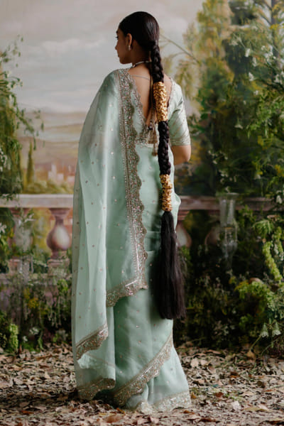 Jigar Mali Sage green dori embroidered sari set JIGMAY25D127743
