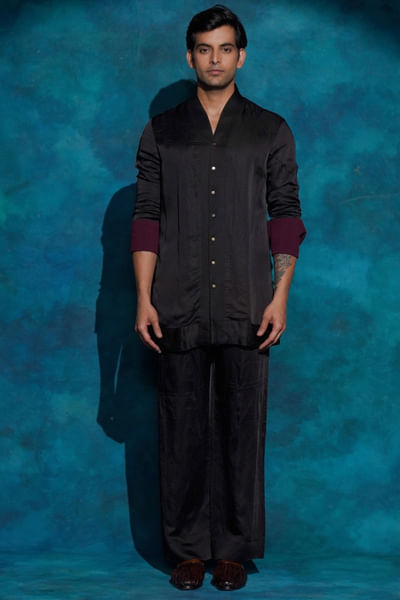 Black linen silk kurta set