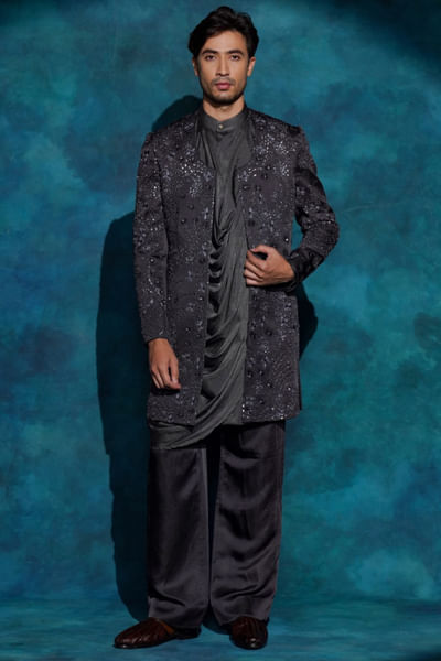 Charcoal grey hand embroidered jacket set
