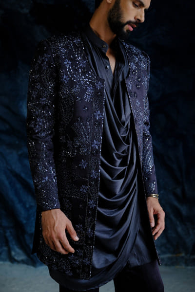 Midnight blue hand embroidery jacket kurta set