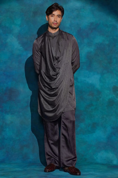 Charcoal grey draped linen silk kurta set