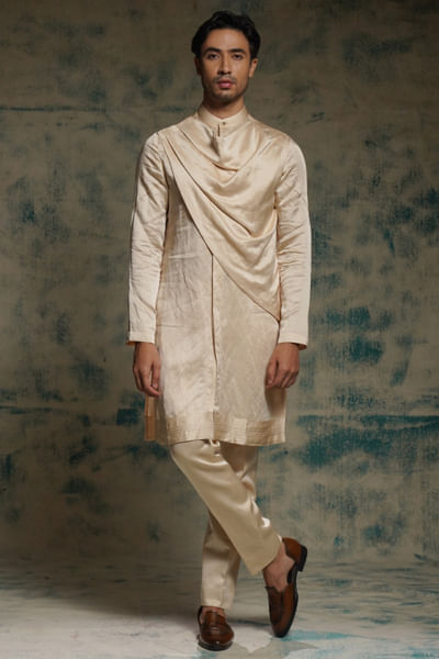 Buttercream draped linen silk long kurta set