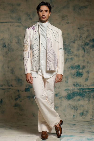 Ivory hand-painted and embellished blazer set