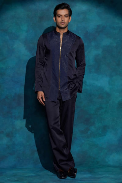 Midnight blue print embroidered blazer set