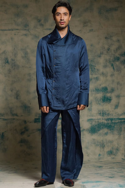 Teal linen silk angrakha kurta set