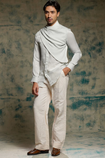 Silver draped shirt and trouser set