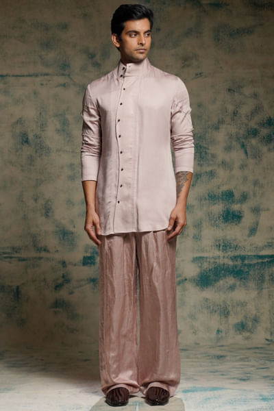 Mauve pintuck asymmetric shirt and trouser set