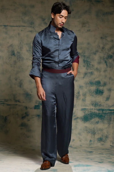 Charcoal blue linen silk shirt and trouser set