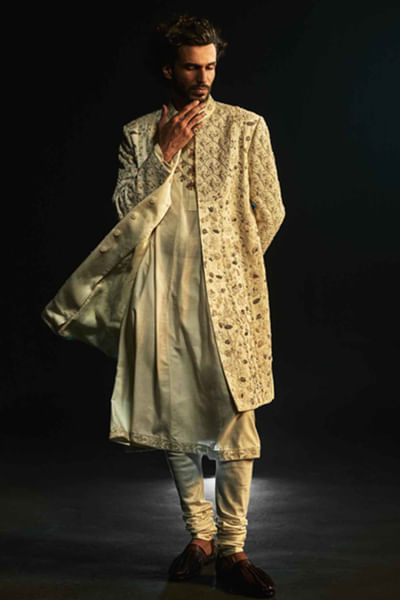 Ivory pearl-resham embroidered sherwani set
