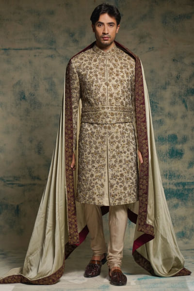 Beige zari-sequin embroidered sherwani set