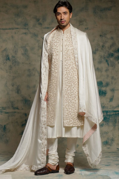Ivory hand embroidered open-sherwani set