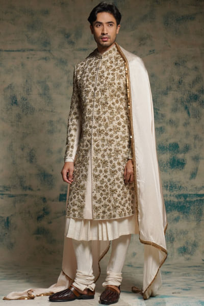 Ivory zari-sequin embroidered sherwani set