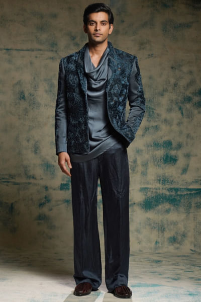 Charcoal blue hand embroidery short jacket set
