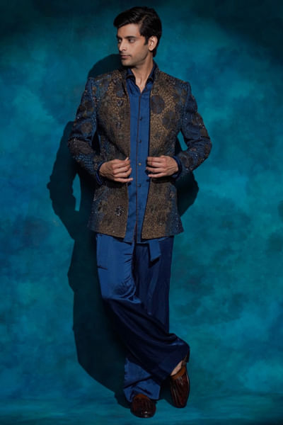 Teal resham hand embroidered open-jacket set