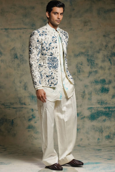 Ivory aari-zardozi embroidery short jacket set