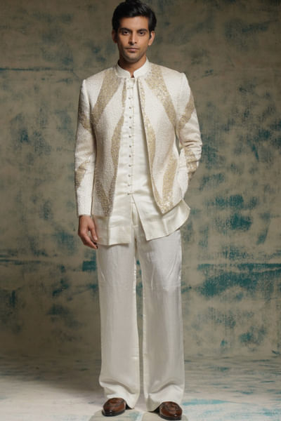 Ivory sequin hand embroidered short jacket set