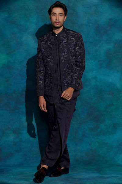 Midnight blue embroidered short jacket set