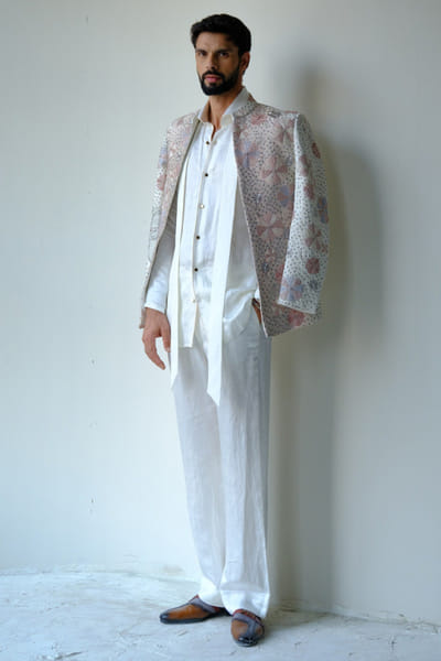 Blush pink hand embroidered open-jacket set