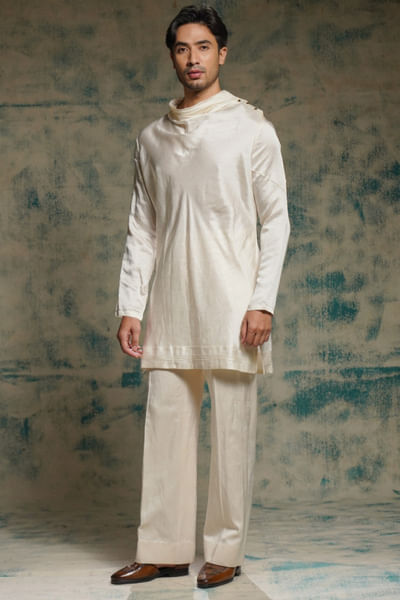 Ivory linen silk cowl kurta set