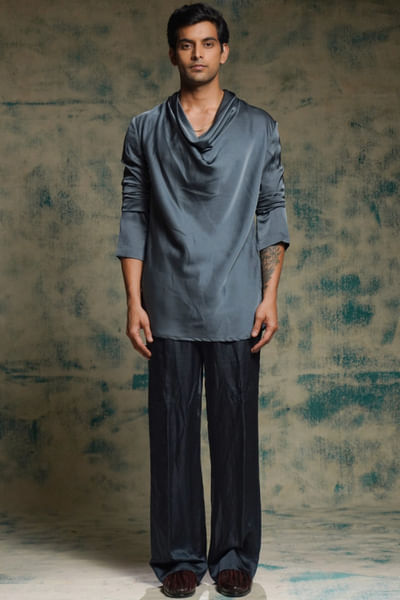 Charcoal blue cowl kurta and trouser set