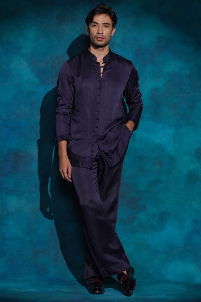 Midnight blue linen silk kurta set