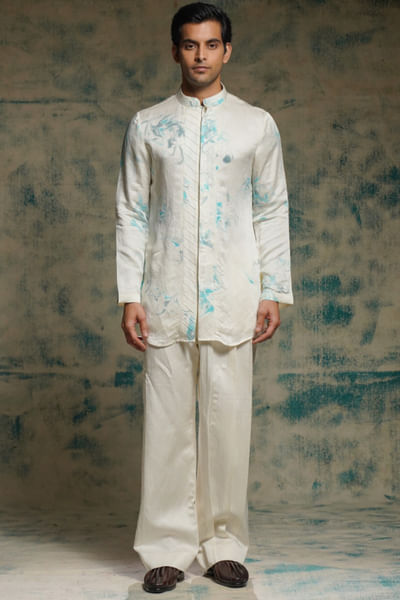 Ivory marble dyed pintuck linen silk kurta set