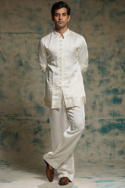 Ivory linen silk kurta and trouser set