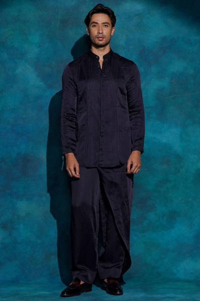 Midnight blue pintuck shirt and trouser set