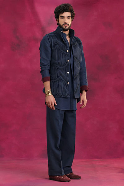 Midnight blue pleated cotton-linen shacket set