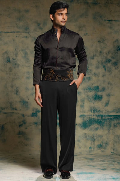 Black linen silk shirt and trouser set
