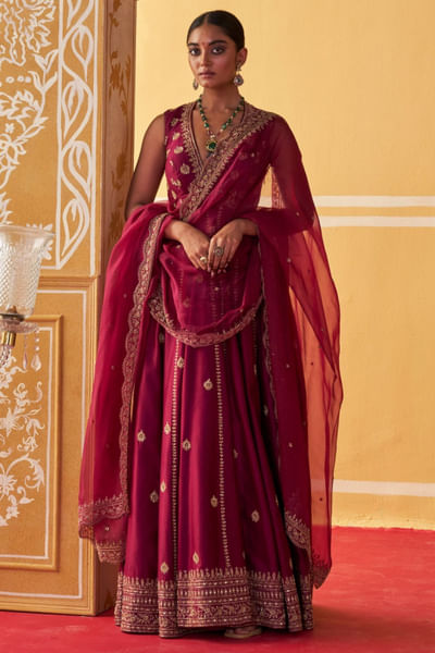 Wine aari embroidered anarkali set
