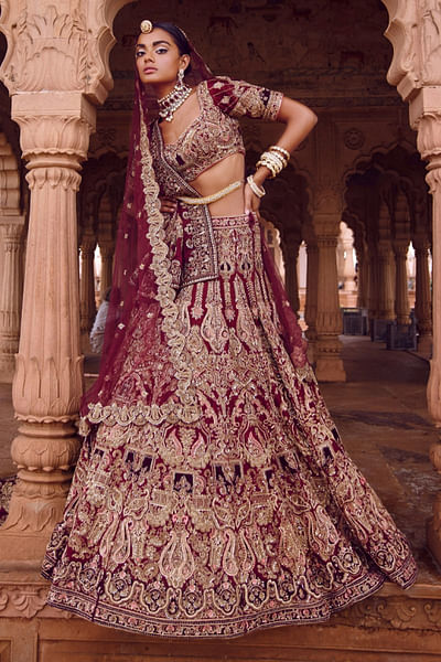 Wine zardozi embroidered lehenga set