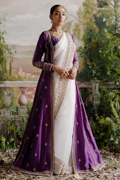 Off-white embroidered sari and jacket set