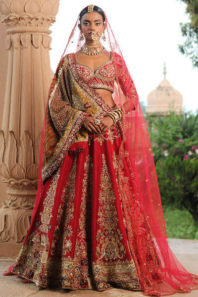 Red aari embroidered lehenga set