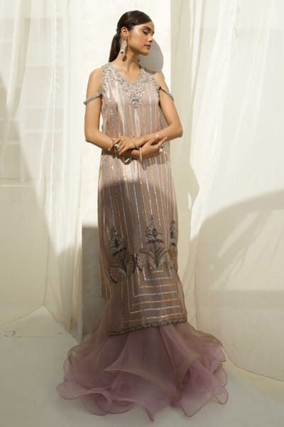 Aneeka Ruknuddin Silver and pink resham embroidered dress ANEEAUG26D252533