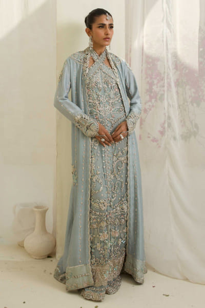Aneeka Ruknuddin Mint blue thread embroidered jacket dress ANEEAUG26D252537