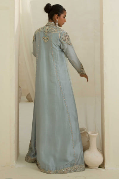 Aneeka Ruknuddin Mint blue thread embroidered jacket dress ANEEAUG26D252537