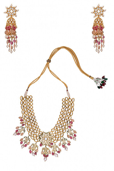 Pink & white kundan necklace set