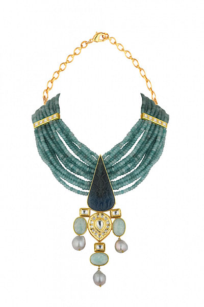 Blue and gold polki necklace